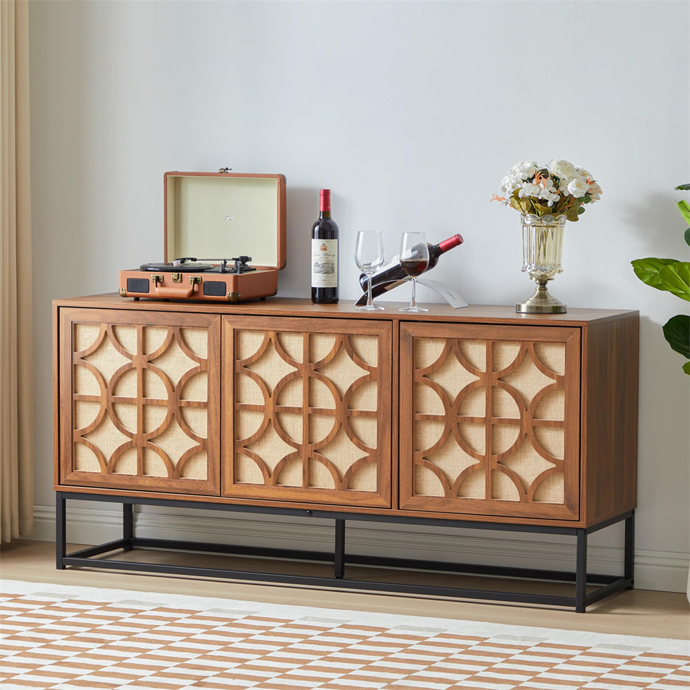 Walnut Modern Farmhouse Sideboard Buffet Storage Cabinet with 3 Flax Door and Adjustable Shelves