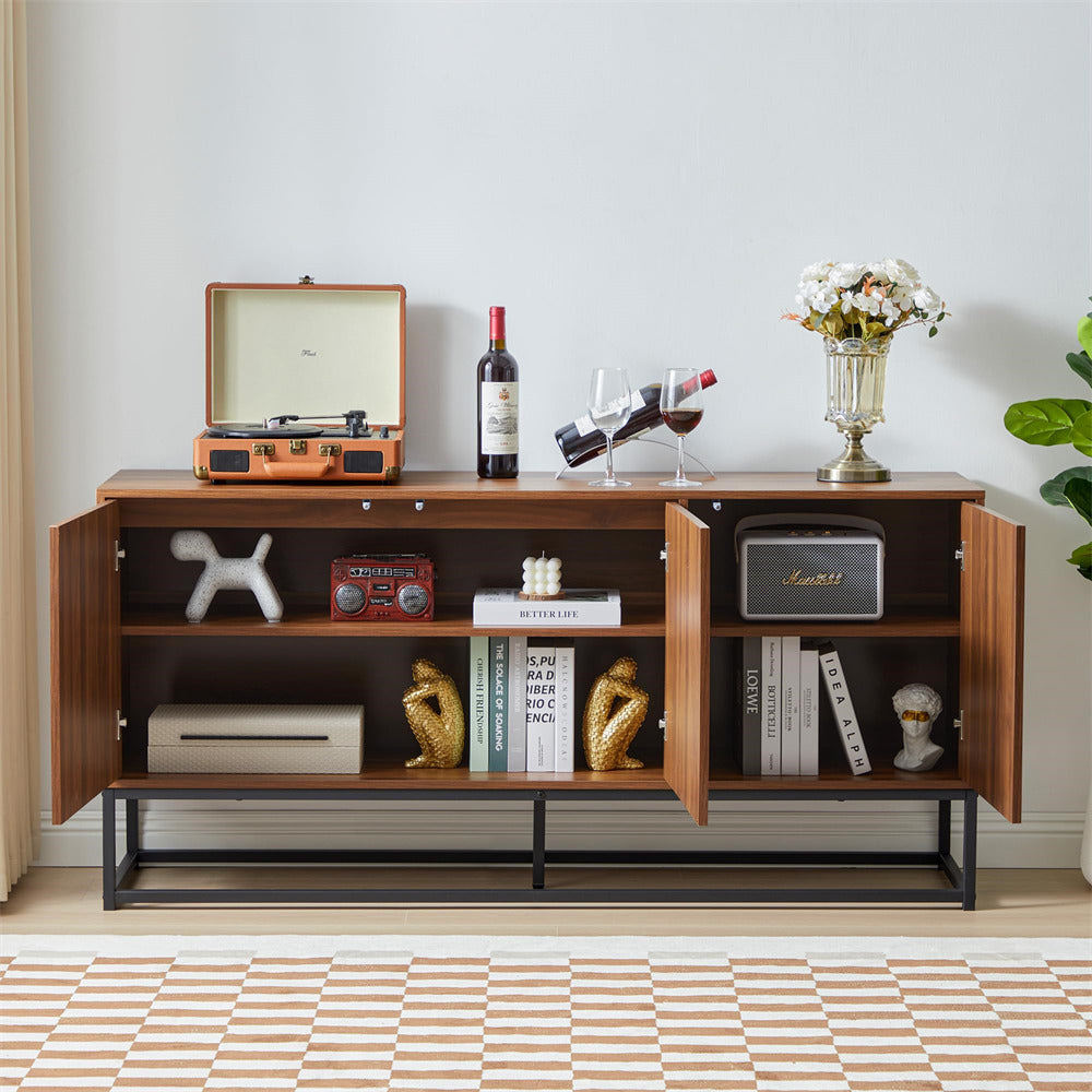 Walnut Modern Farmhouse Sideboard Buffet Storage Cabinet with 3 Flax Door and Adjustable Shelves