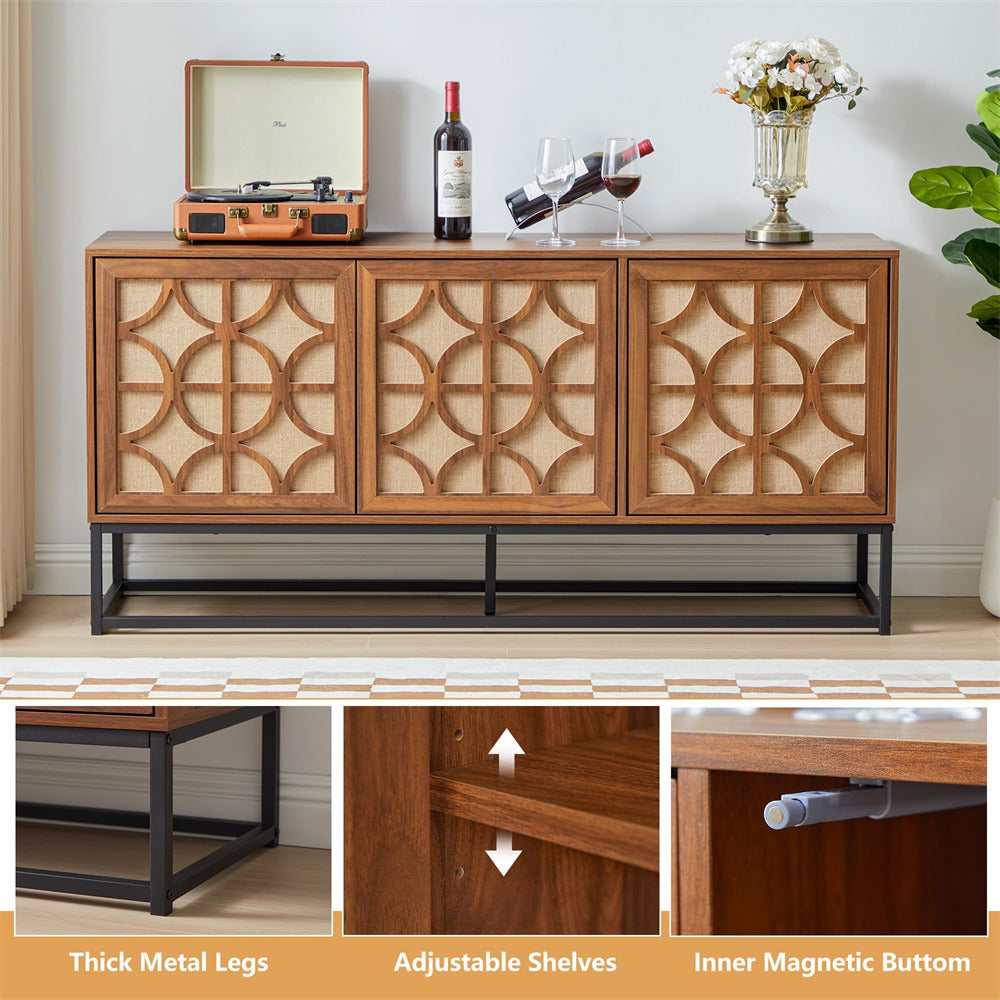 Walnut Modern Farmhouse Sideboard Buffet Storage Cabinet with 3 Flax Door and Adjustable Shelves