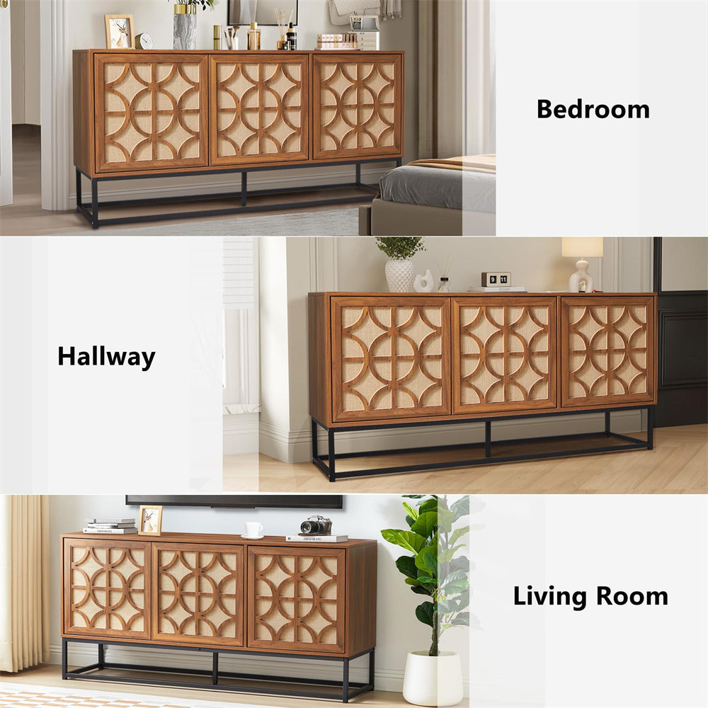 Walnut Modern Farmhouse Sideboard Buffet Storage Cabinet with 3 Flax Door and Adjustable Shelves
