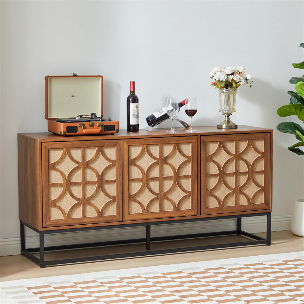 Walnut Modern Farmhouse Sideboard Buffet Storage Cabinet with 3 Flax Door and Adjustable Shelves