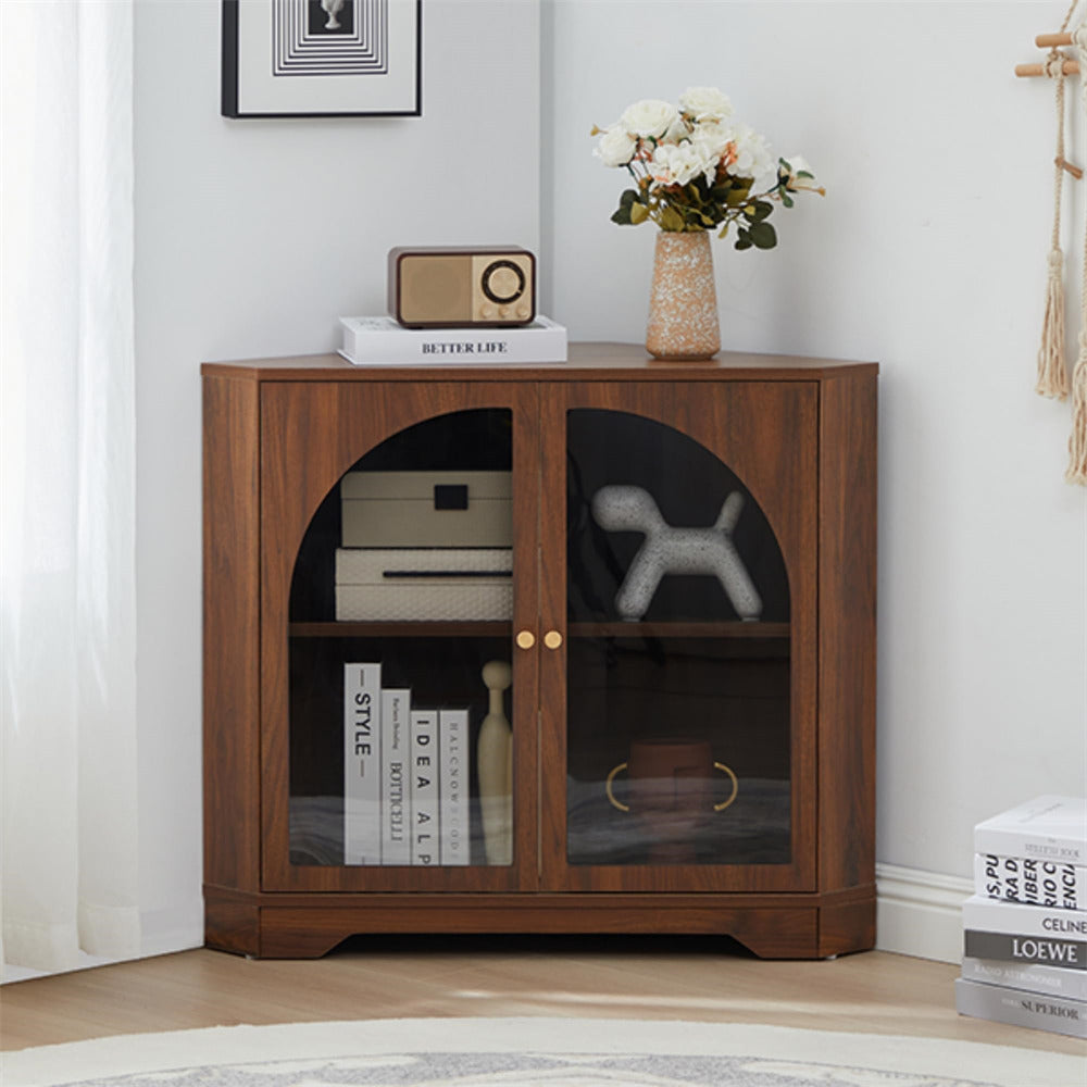 Walnut Modern Floor Corner Cabinet Small Curved Narrow Cabinet with Doors and Adjustable Shelves