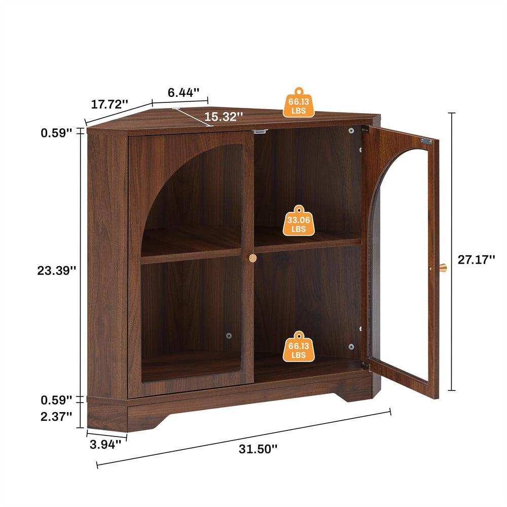 Walnut Modern Floor Corner Cabinet Small Curved Narrow Cabinet with Doors and Adjustable Shelves