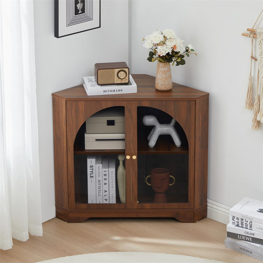 Walnut Modern Floor Corner Cabinet Small Curved Narrow Cabinet with Doors and Adjustable Shelves