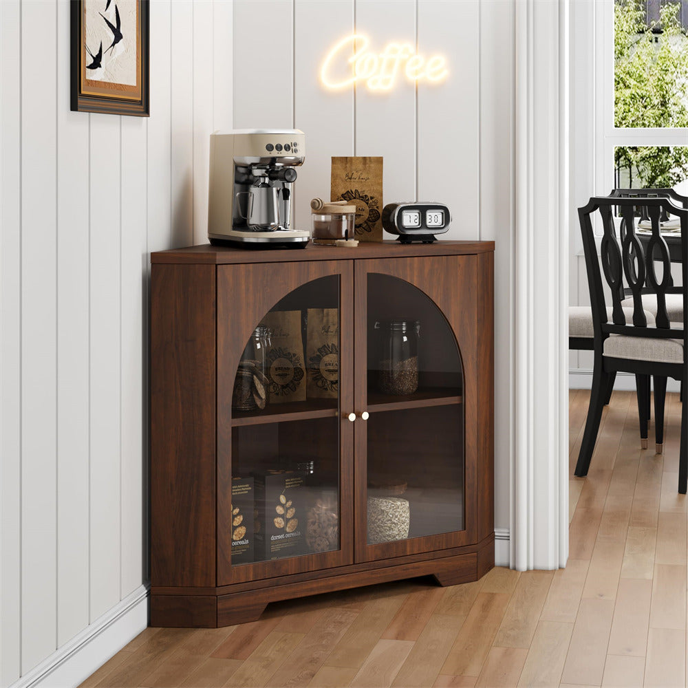 Walnut Modern Floor Corner Cabinet Small Curved Narrow Cabinet with Doors and Adjustable Shelves