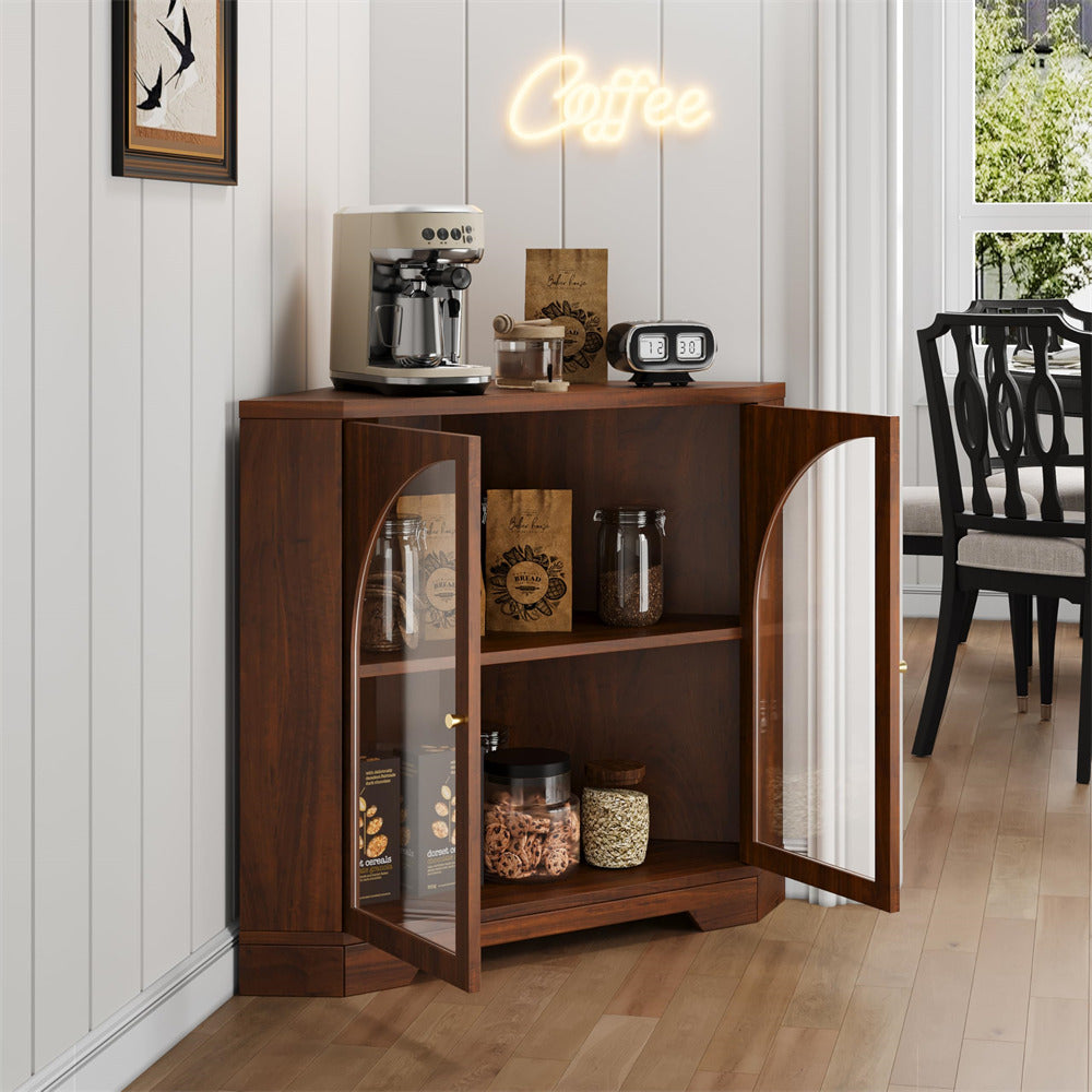 Walnut Modern Floor Corner Cabinet Small Curved Narrow Cabinet with Doors and Adjustable Shelves