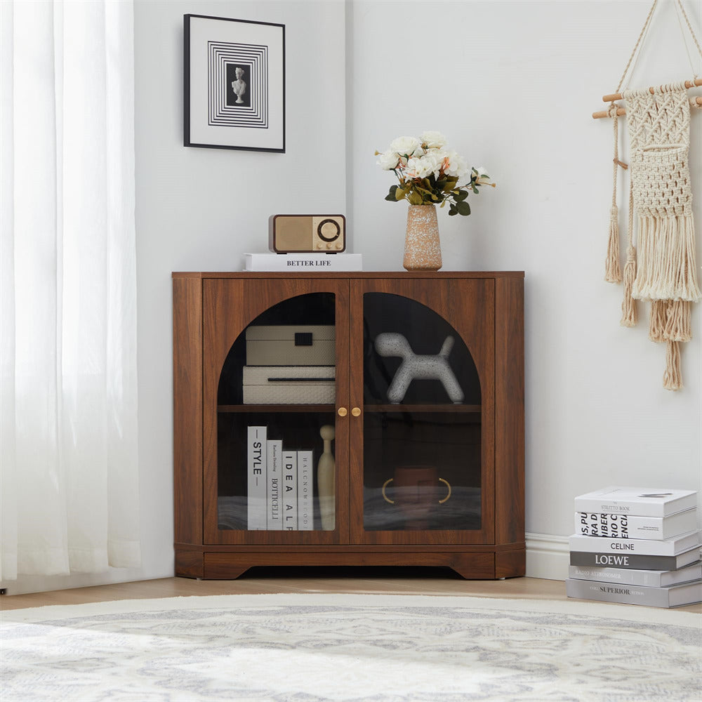 Walnut Modern Floor Corner Cabinet Small Curved Narrow Cabinet with Doors and Adjustable Shelves