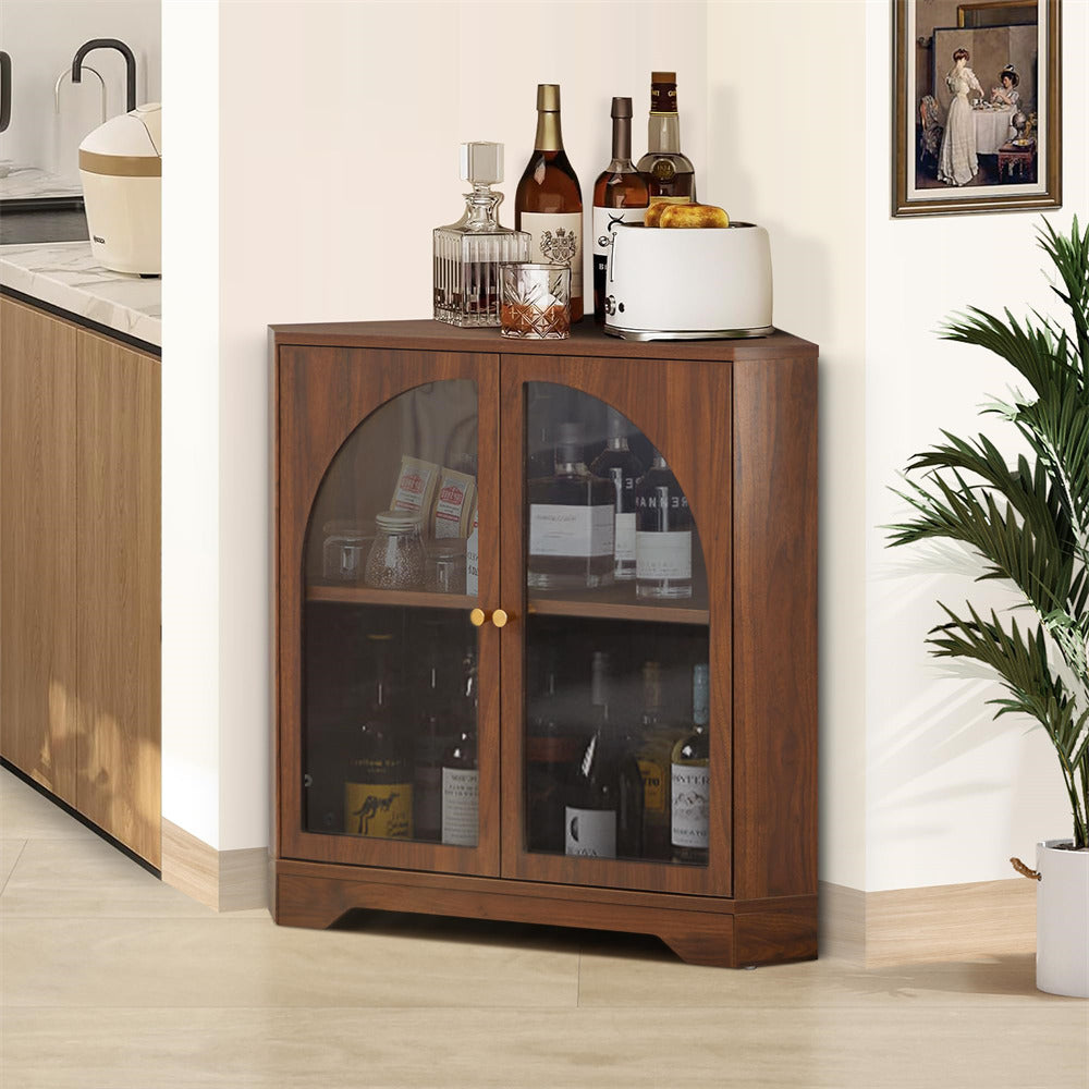 Walnut Modern Floor Corner Cabinet Small Curved Narrow Cabinet with Doors and Adjustable Shelves