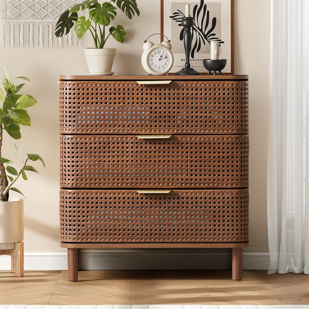 Walnut Modern Iron Rattan 3 Drawer Dresser Accent Storage Cabinet