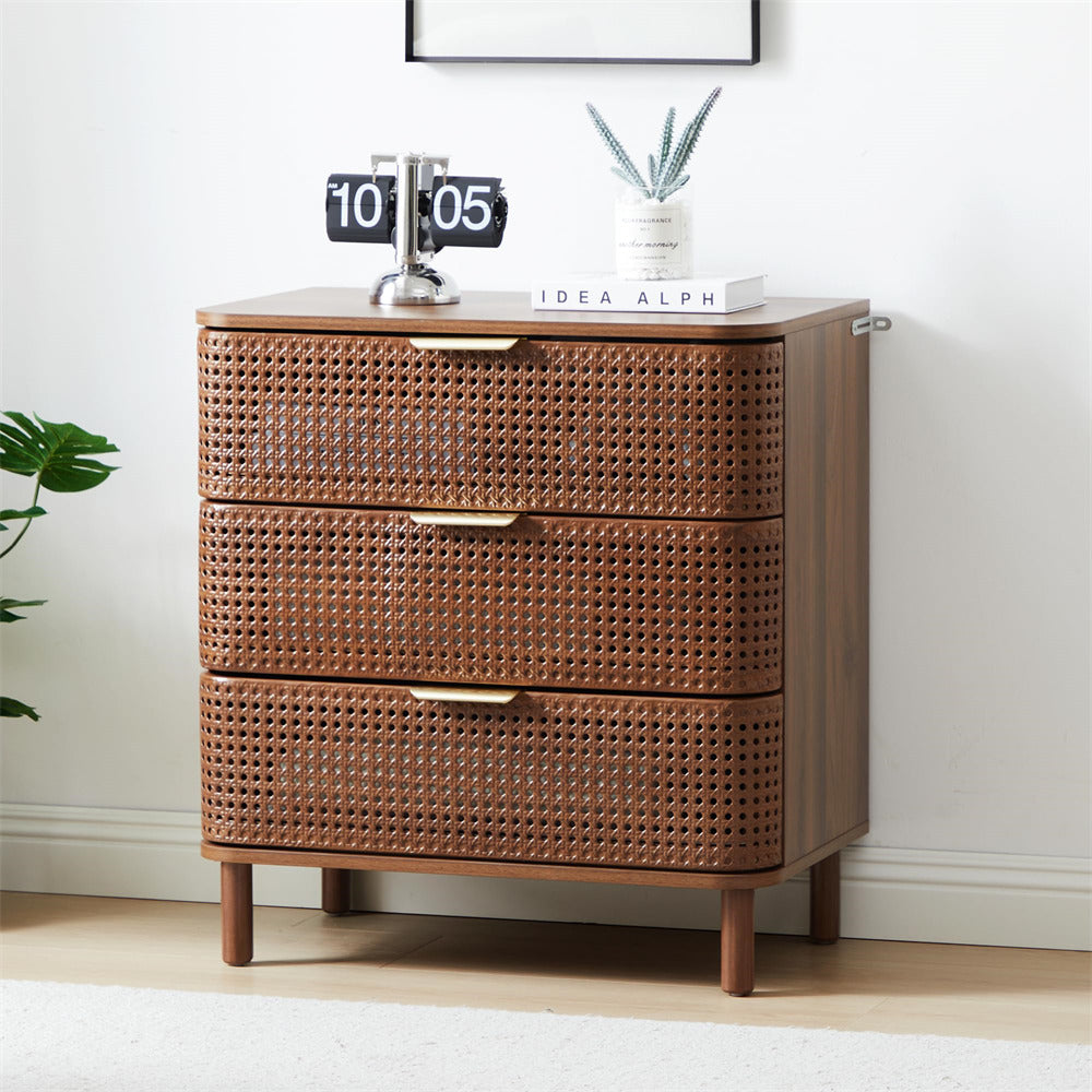 Walnut Modern Iron Rattan 3 Drawer Dresser Accent Storage Cabinet