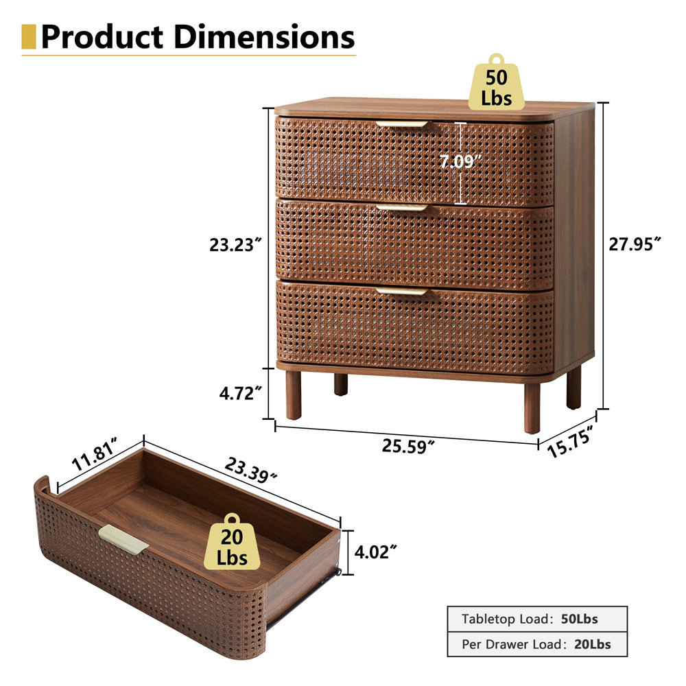 Walnut Modern Iron Rattan 3 Drawer Dresser Accent Storage Cabinet