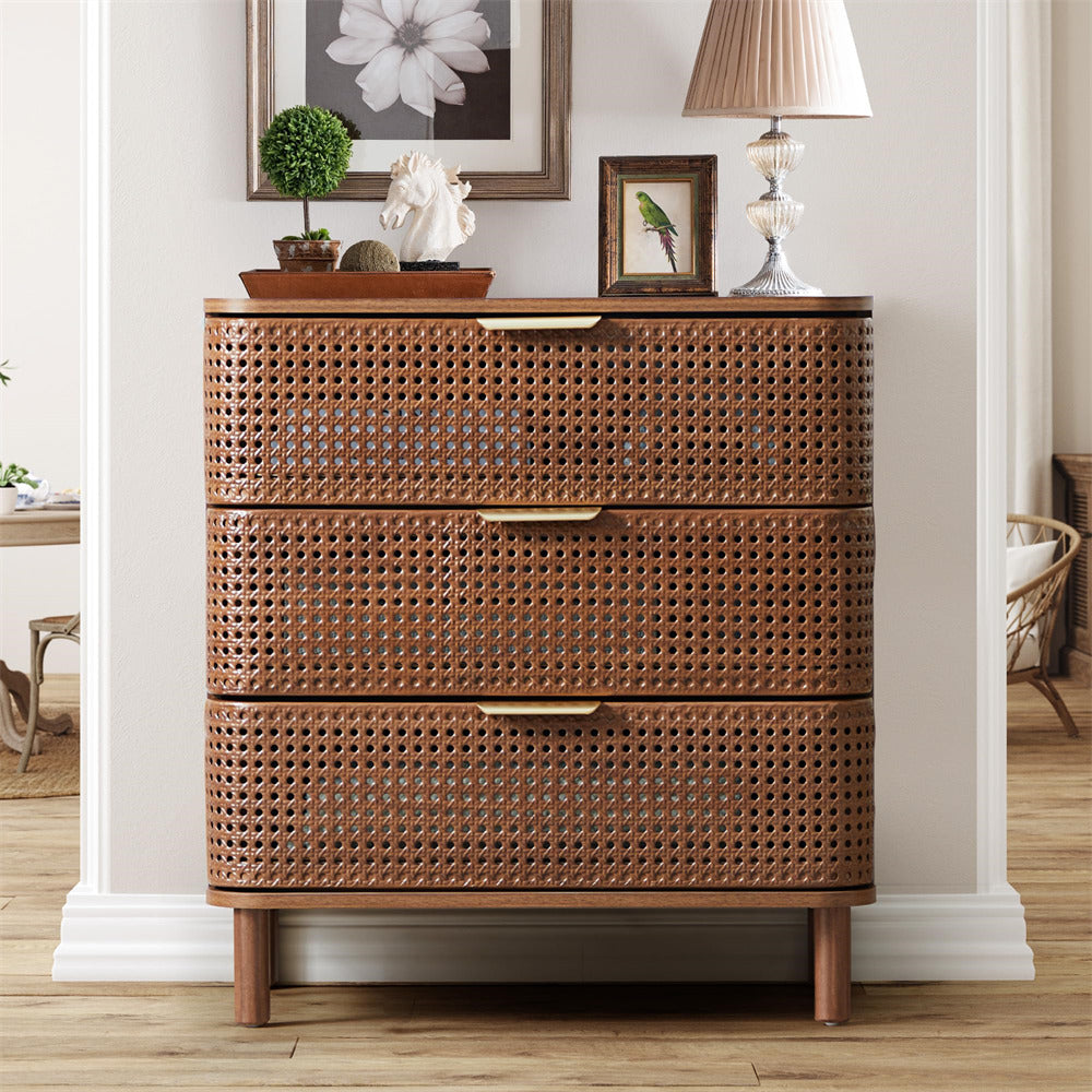 Walnut Modern Iron Rattan 3 Drawer Dresser Accent Storage Cabinet