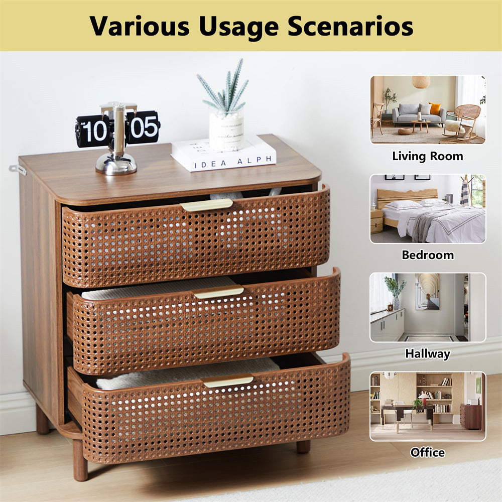 Walnut Modern Iron Rattan 3 Drawer Dresser Accent Storage Cabinet
