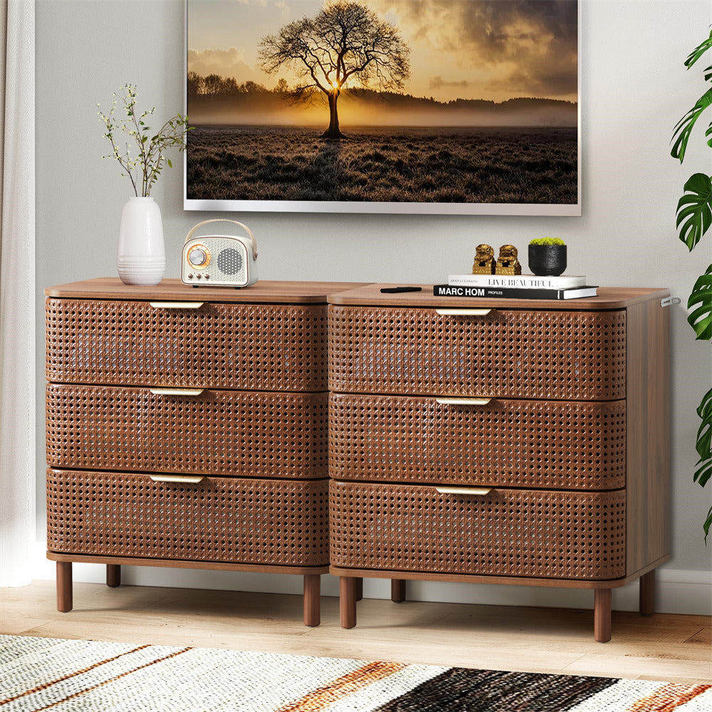 Walnut Modern Iron Rattan 3 Drawer Dresser Accent Storage Cabinet