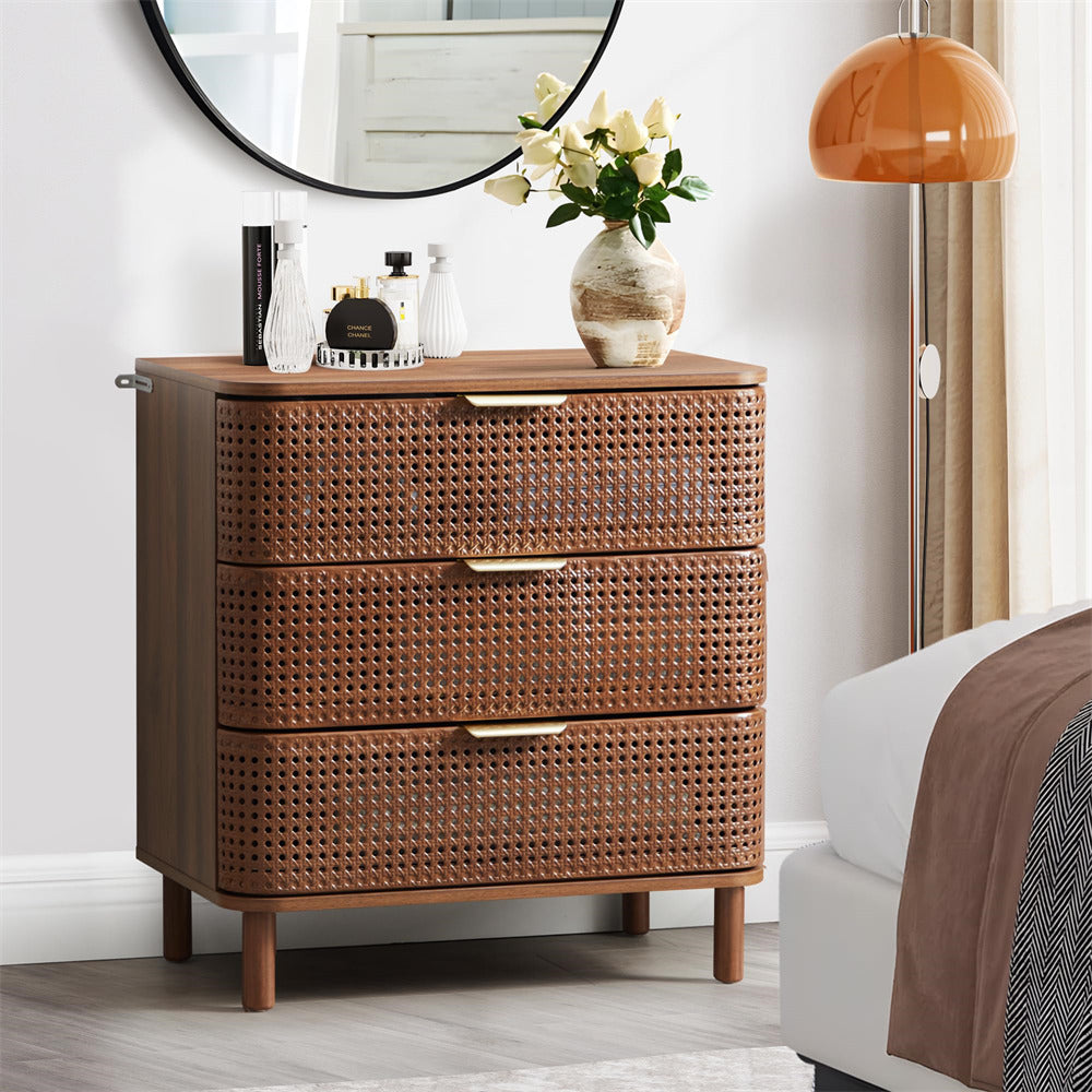 Walnut Modern Iron Rattan 3 Drawer Dresser Accent Storage Cabinet