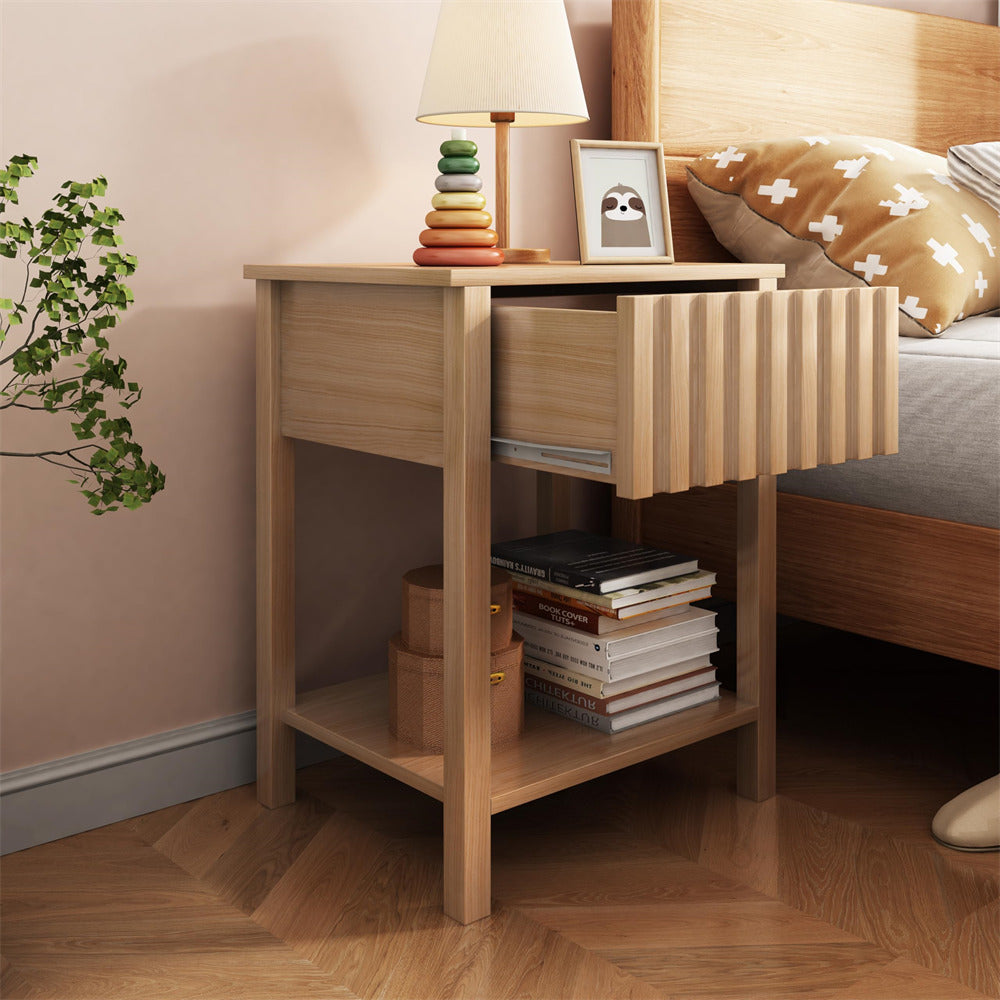 Walnut Modern Nightstand Farmhouse Side Table with Drawer and Storage Accent