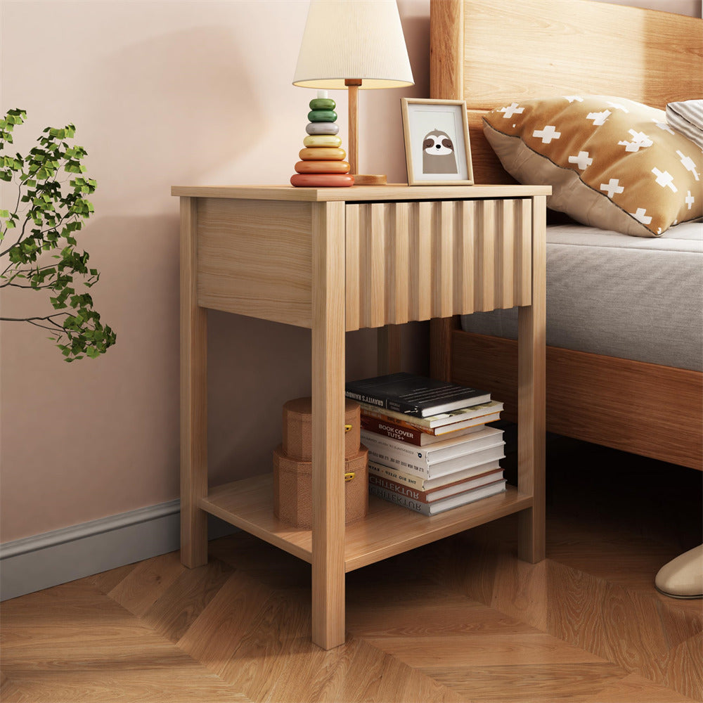 Walnut Modern Nightstand Farmhouse Side Table with Drawer and Storage Accent