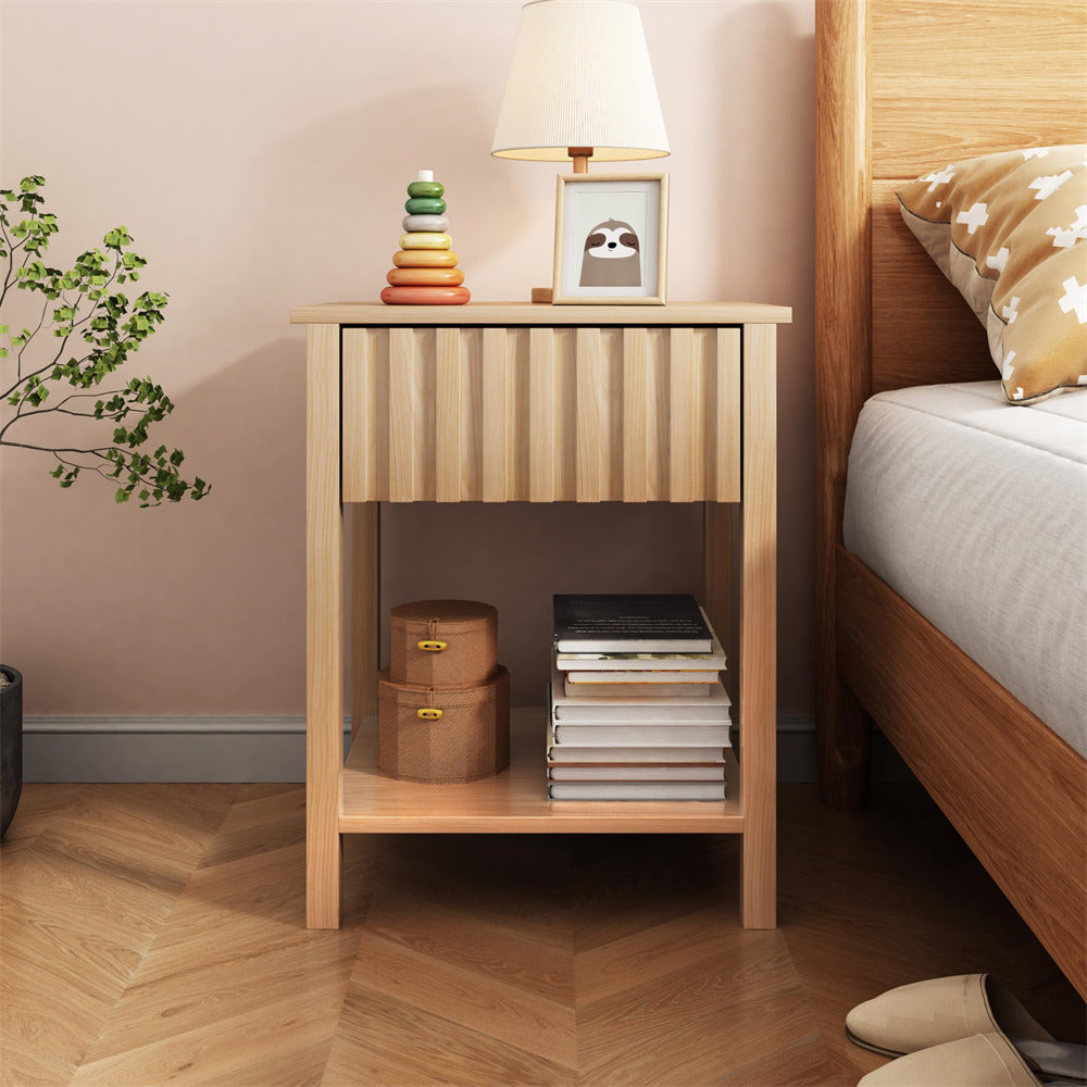 Walnut Modern Nightstand Farmhouse Side Table with Drawer and Storage Accent