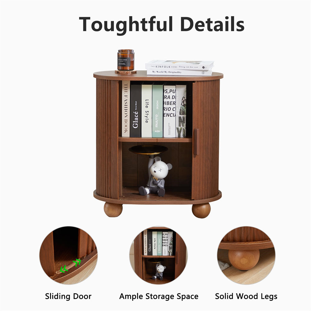 Walnut Modern Oval End Table Set of 2 with Storage Space and Sliding Door