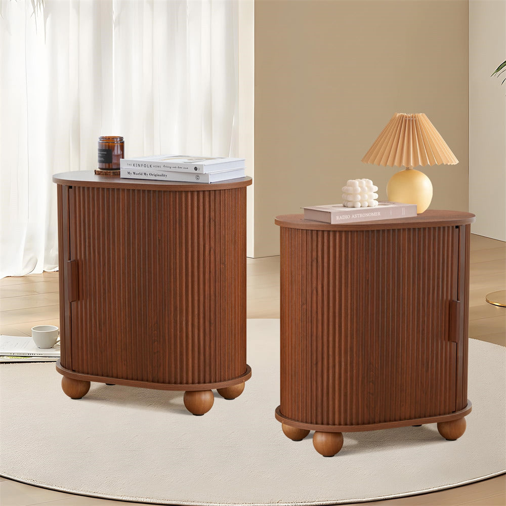 Walnut Modern Oval End Table Set of 2 with Storage Space and Sliding Door
