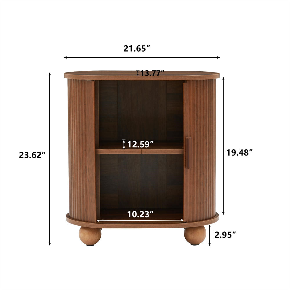 Walnut Modern Oval End Table Set of 2 with Storage Space and Sliding Door Size