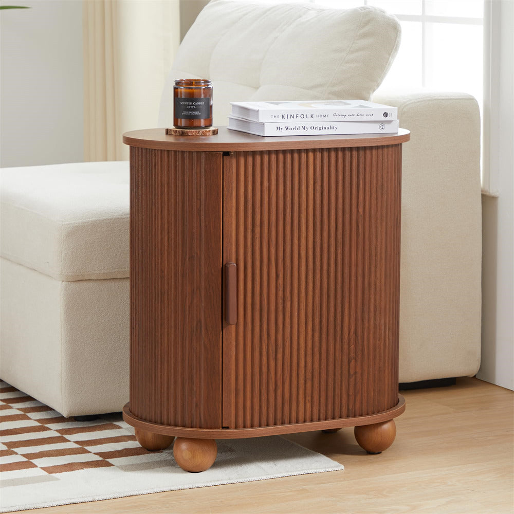 Walnut Modern Oval End Table Set of 2 with Storage Space and Sliding Door