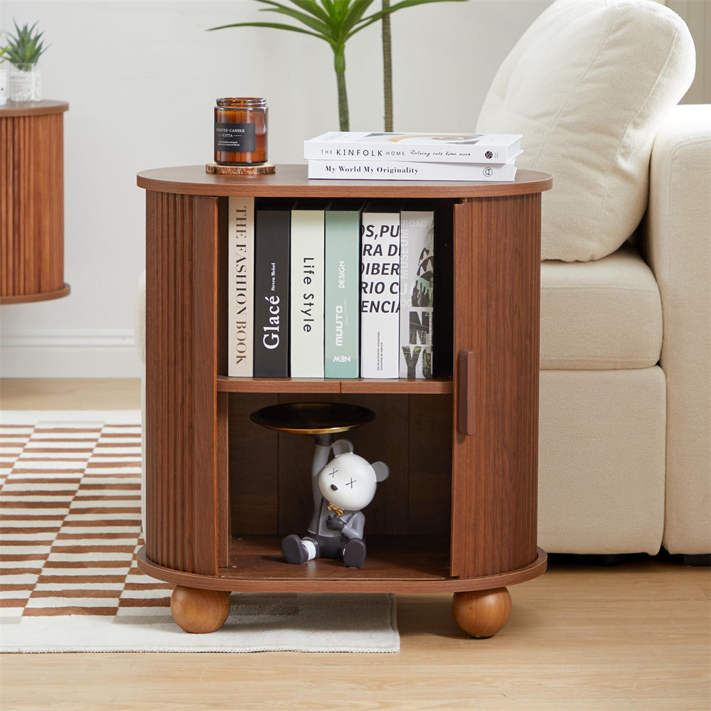 Walnut Modern Oval End Table Set of 2 with Storage Space and Sliding Door