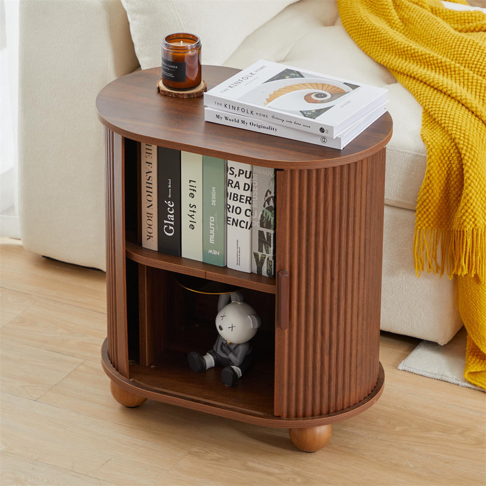 Walnut Modern Oval End Table Set of 2 with Storage Space and Sliding Door