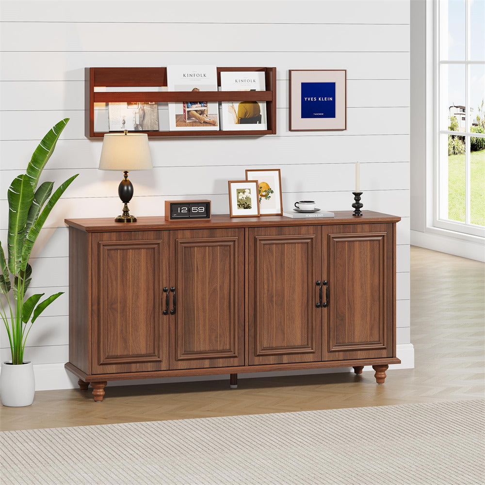 Walnut Modern Sideboard Storage Cabinet Console Table with 4 Doors and Adjustable Shelves
