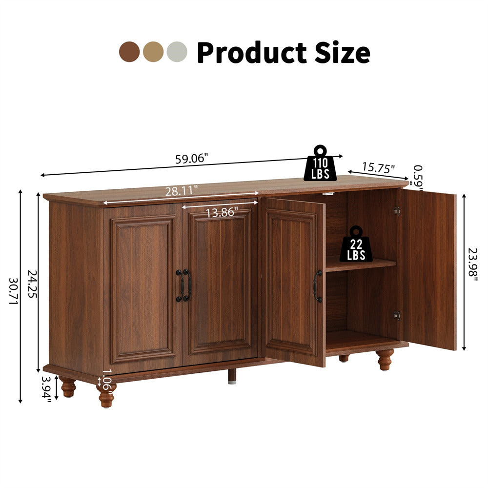 Walnut Modern Sideboard Storage Cabinet Console Table with 4 Doors and Adjustable Shelves