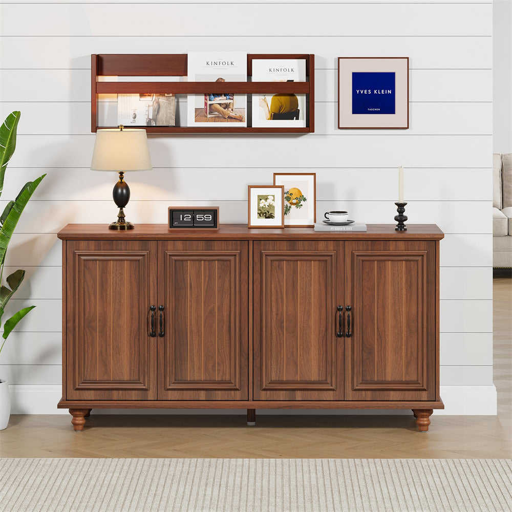 Walnut Modern Sideboard Storage Cabinet Console Table with 4 Doors and Adjustable Shelves