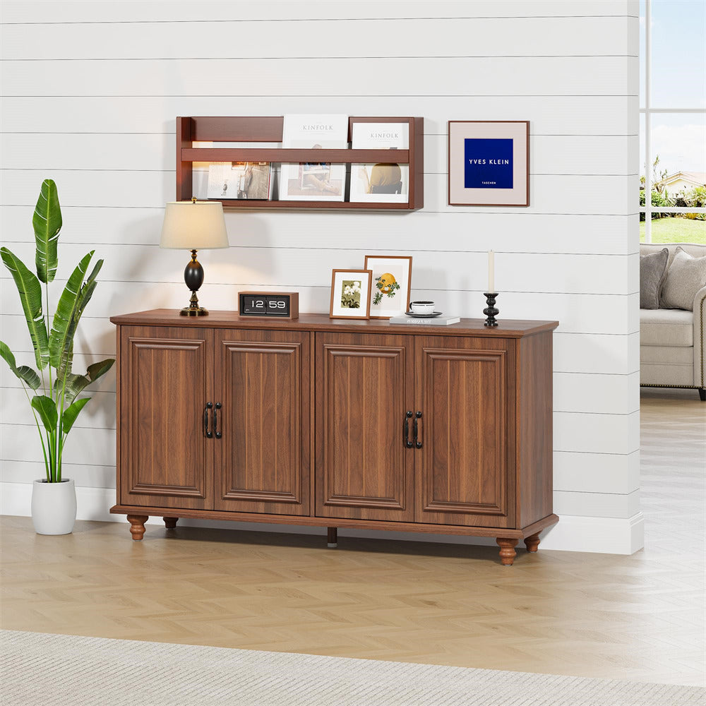 Walnut Modern Sideboard Storage Cabinet Console Table with 4 Doors and Adjustable Shelves