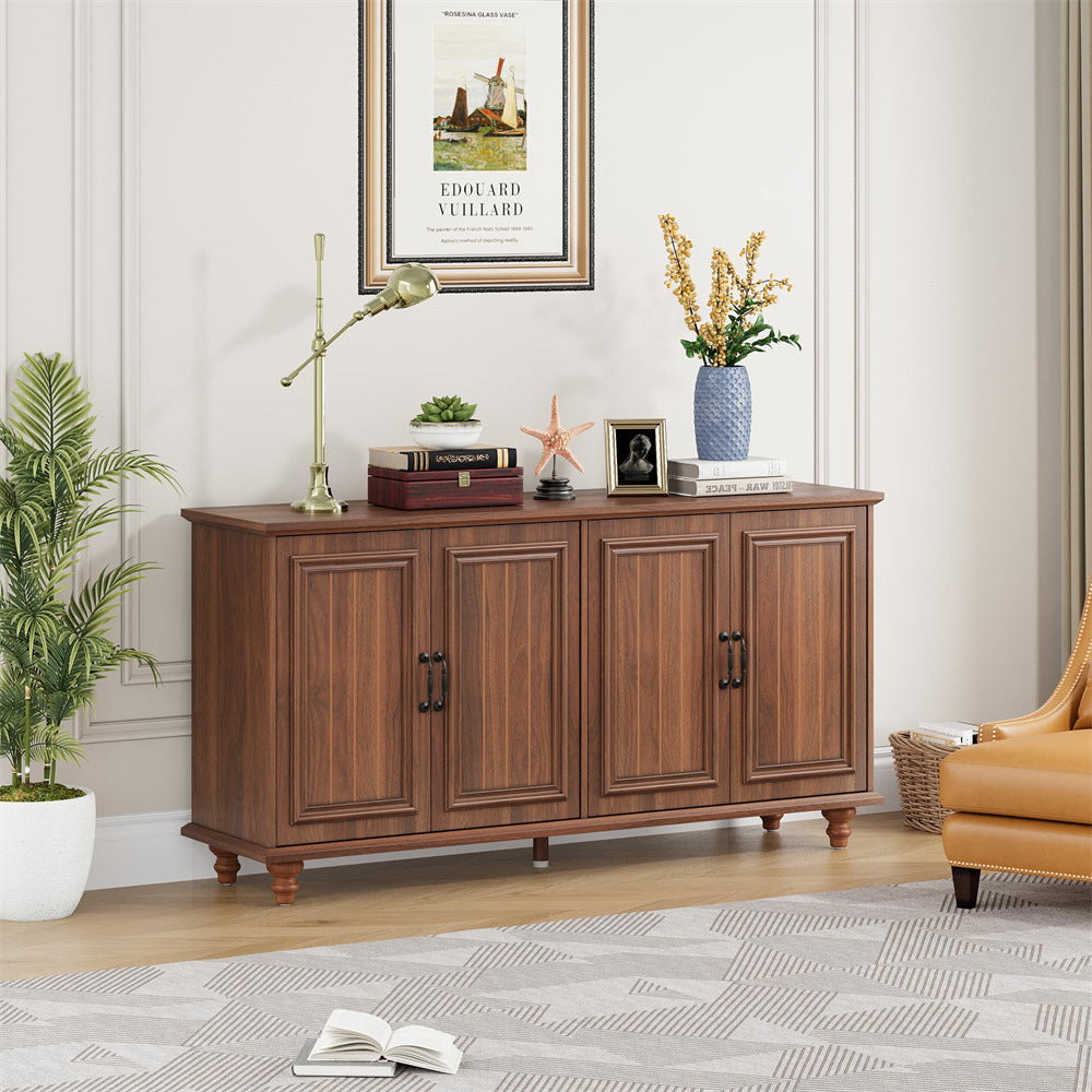 Walnut Modern Sideboard Storage Cabinet Console Table with 4 Doors and Adjustable Shelves