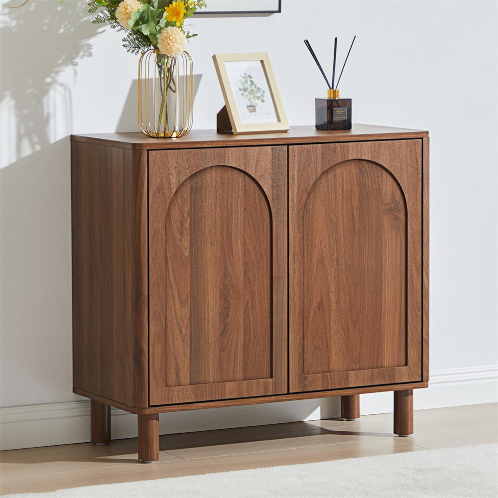 Walnut Modern Sideboard Storage Cabinet Console Table with Arched Finish Doors and Solid Wood Legs