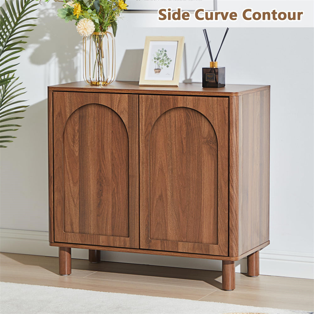 Walnut Modern Sideboard Storage Cabinet Console Table with Arched Finish Doors and Solid Wood Legs