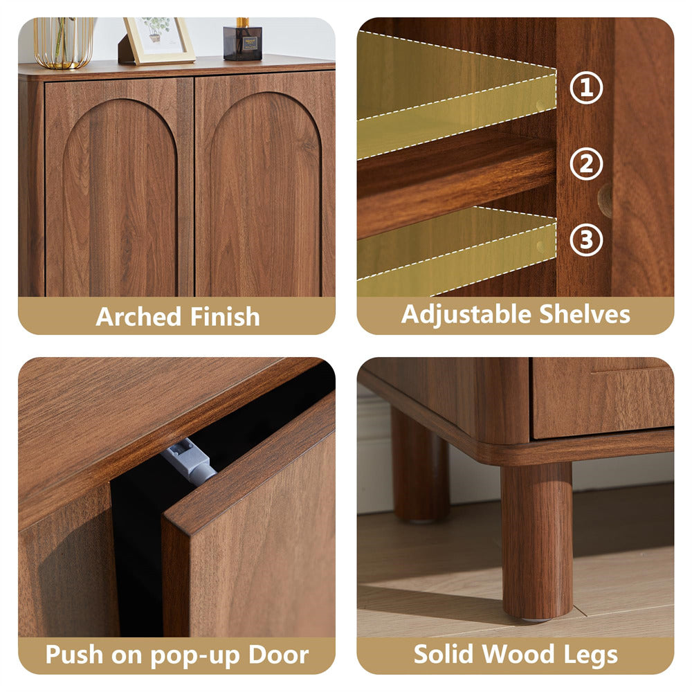 Walnut Modern Sideboard Storage Cabinet Console Table with Arched Finish Doors and Solid Wood Legs
