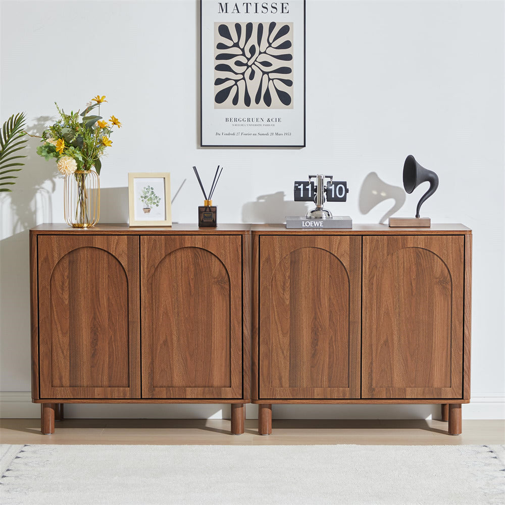 Walnut Modern Sideboard Storage Cabinet Console Table with Arched Finish Doors and Solid Wood Legs