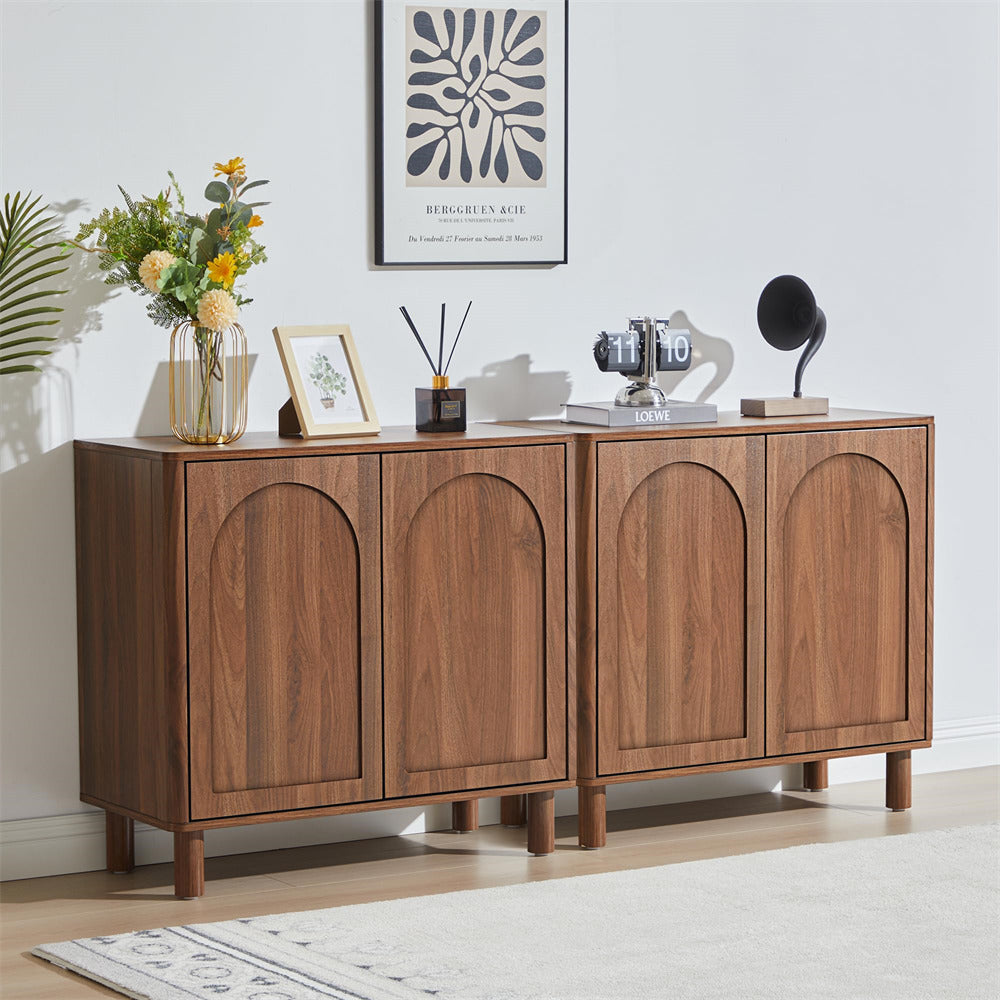 Walnut Modern Sideboard Storage Cabinet Console Table with Arched Finish Doors and Solid Wood Legs