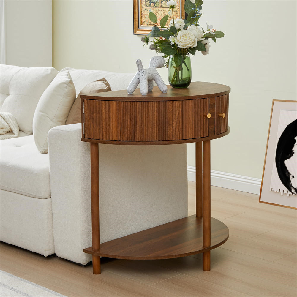 Walnut Modern Small Fluted Half Moon Entryway Console Table with Storage and Solid Wood Legs