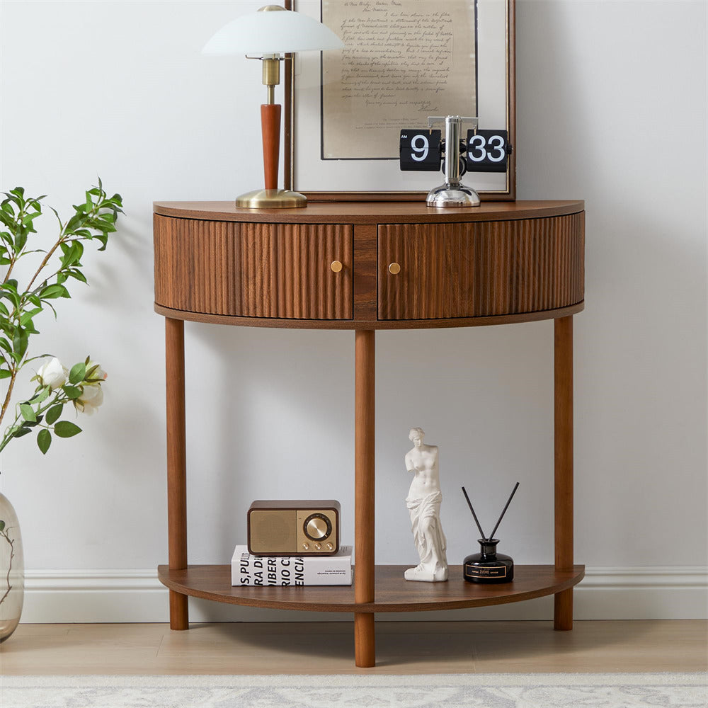 Walnut Modern Small Fluted Half Moon Entryway Console Table with Storage and Solid Wood Legs