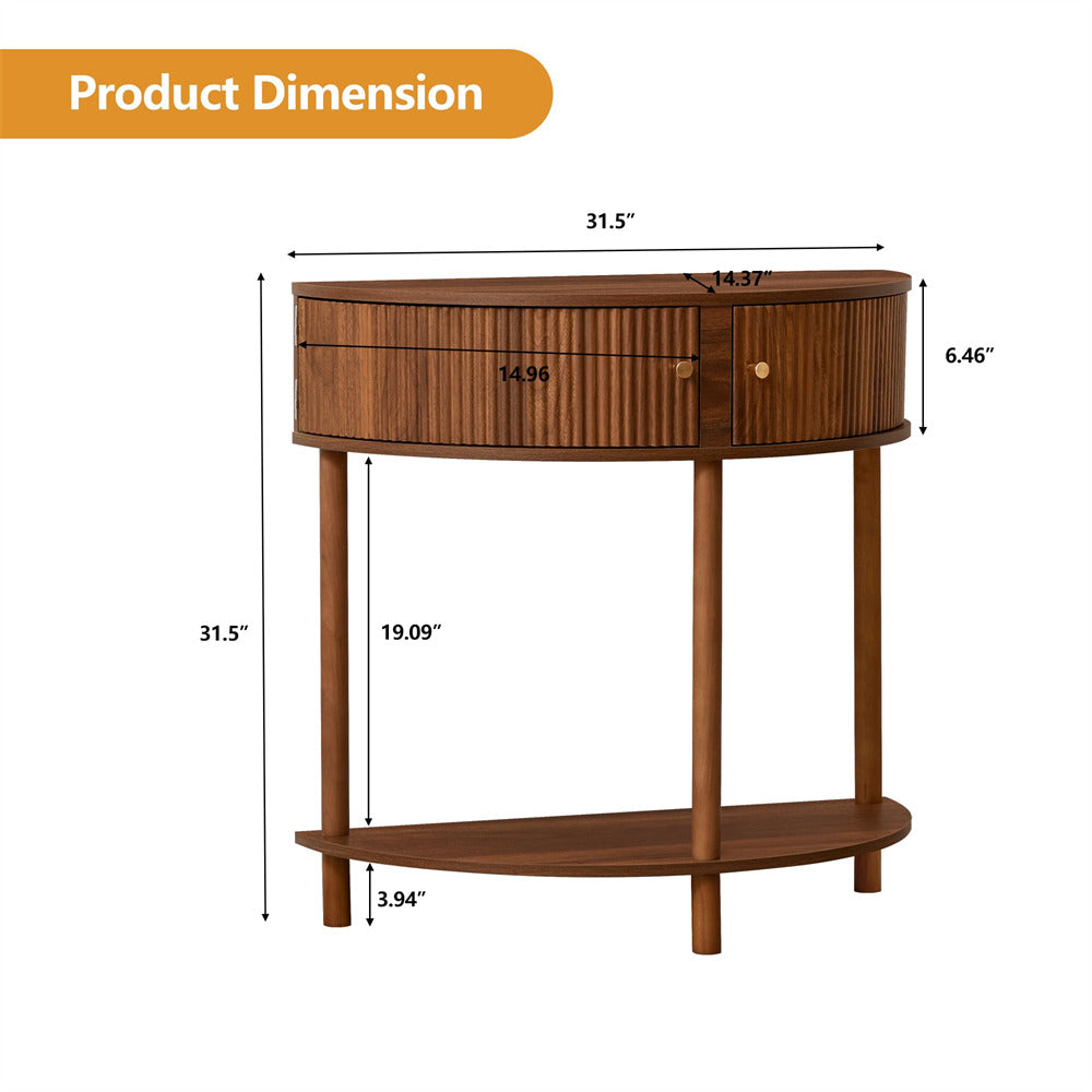 Walnut Modern Small Fluted Half Moon Entryway Console Table with Storage and Solid Wood Legs