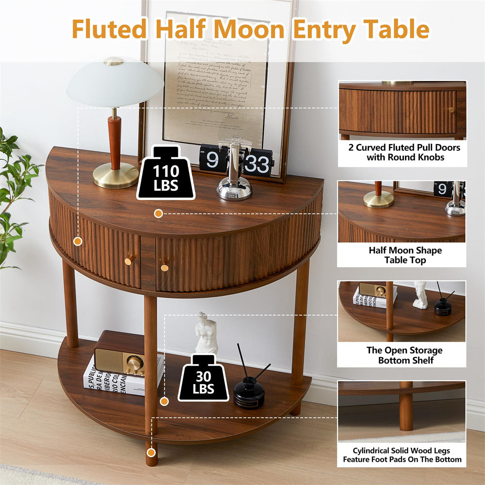 Walnut Modern Small Fluted Half Moon Entryway Console Table with Storage and Solid Wood Legs