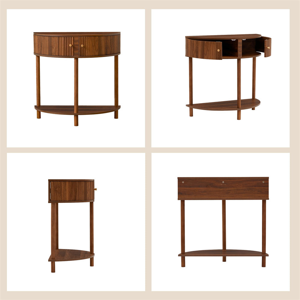 Walnut Modern Small Fluted Half Moon Entryway Console Table with Storage and Solid Wood Legs