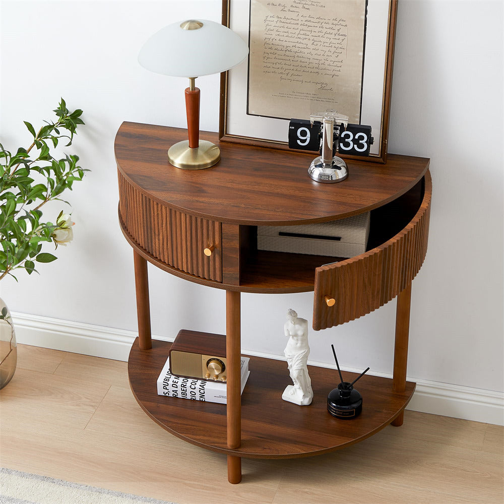 Walnut Modern Small Fluted Half Moon Entryway Console Table with Storage and Solid Wood Legs