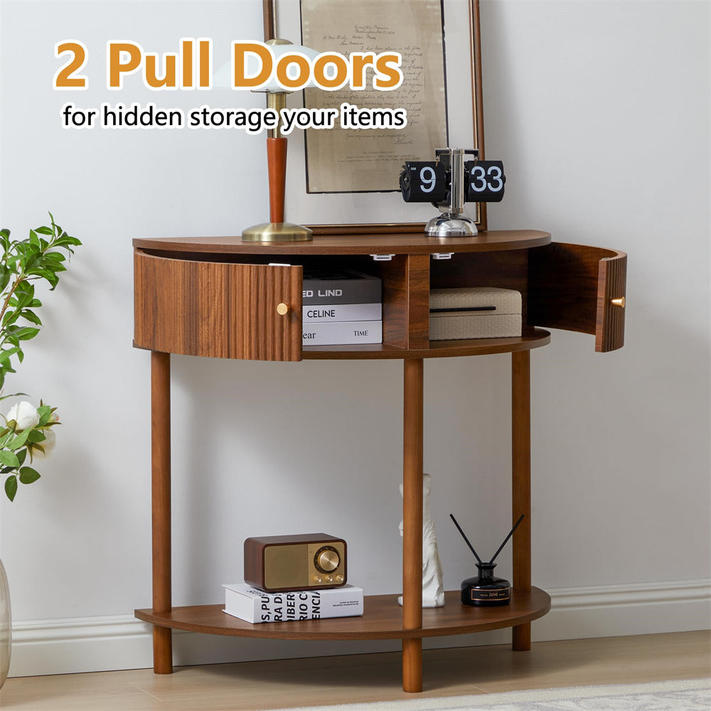 Walnut Modern Small Fluted Half Moon Entryway Console Table with Storage and Solid Wood Legs