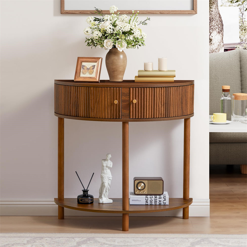 Walnut Modern Small Fluted Half Moon Entryway Console Table with Storage and Solid Wood Legs