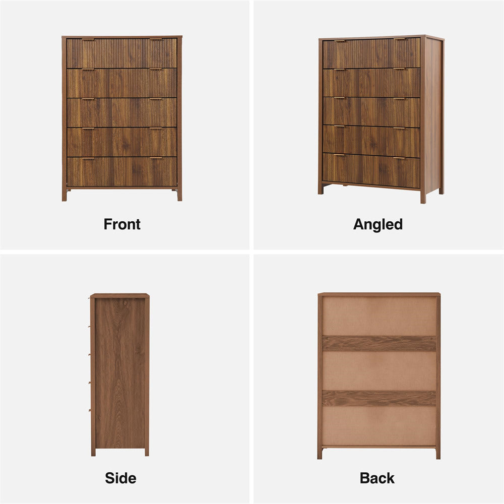 Walnut Modern Wood 5 Drawer Dressers with Waveform Fluted Panel