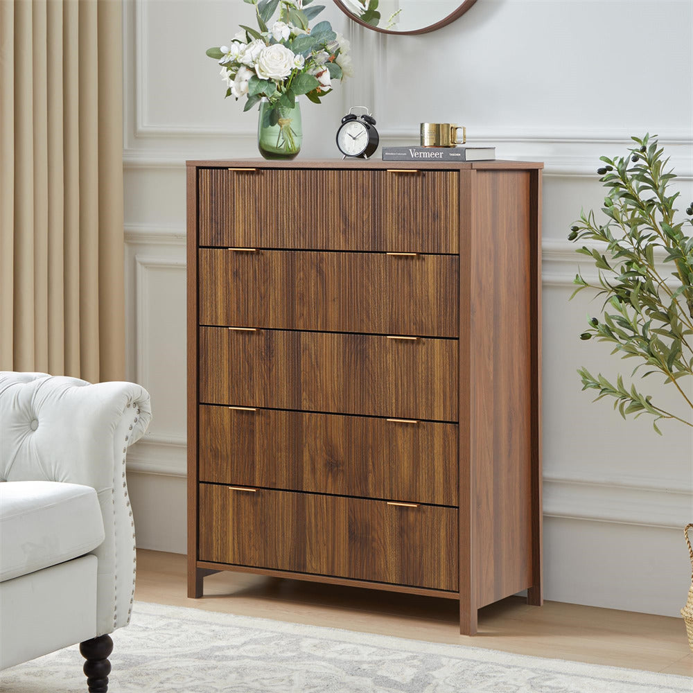 Walnut Modern Wood 5 Drawer Dressers with Waveform Fluted Panel