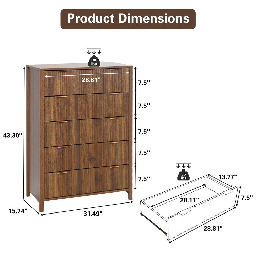 Walnut Modern Wood 5 Drawer Dressers with Waveform Fluted Panel