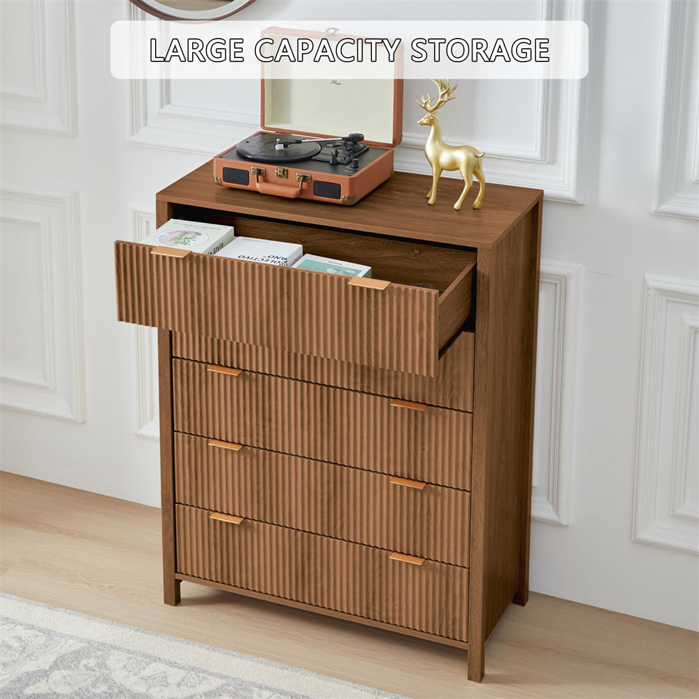 Walnut Modern Wood 5 Drawer Dressers with Waveform Fluted Panel